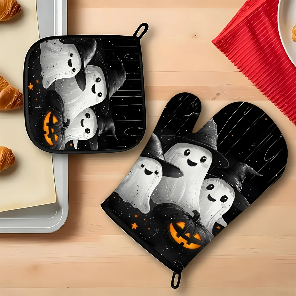 Set of 2 Oven Mitts and Pot Holders, Suitable for Kitchen Cooking, Heat-Resistant and Non-Slip, Featuring Witch,, and Pumpkin
