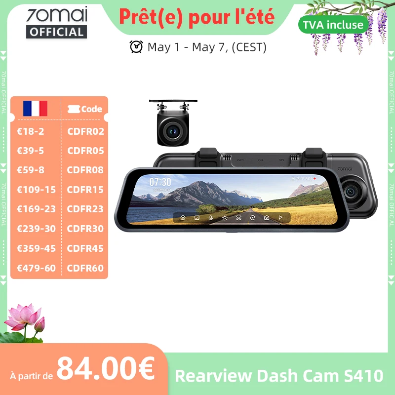 Caméra de tableau de bord 70mai S410 avec écran miroir 9,35 pouces, caméra avant 2K, caméra arrière 1080P, ouverture F1.55, supercondensateur, protection 24h/24 et 7j/7, 70mai S410