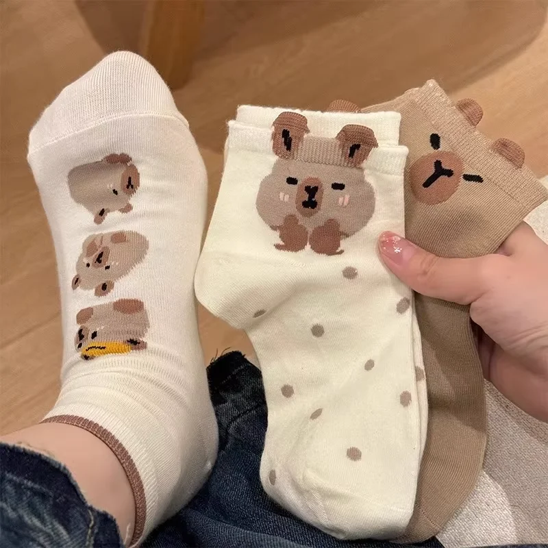 5 Pairs Cute Capybara Women'S Knee-Length Socks, Cartoon Knit Fabric, Summer Thin Low Cut Japanese Style Socks, Machine Washable image 3