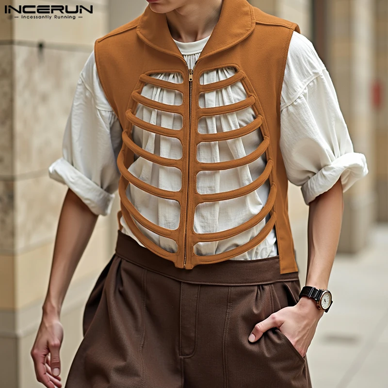 INCERUN Men Vests Solid Color Lapel Sleeveless Hollow Out Male Waistcoats Summer Streetwear Zipper Fashion Casual Vests S-3XL