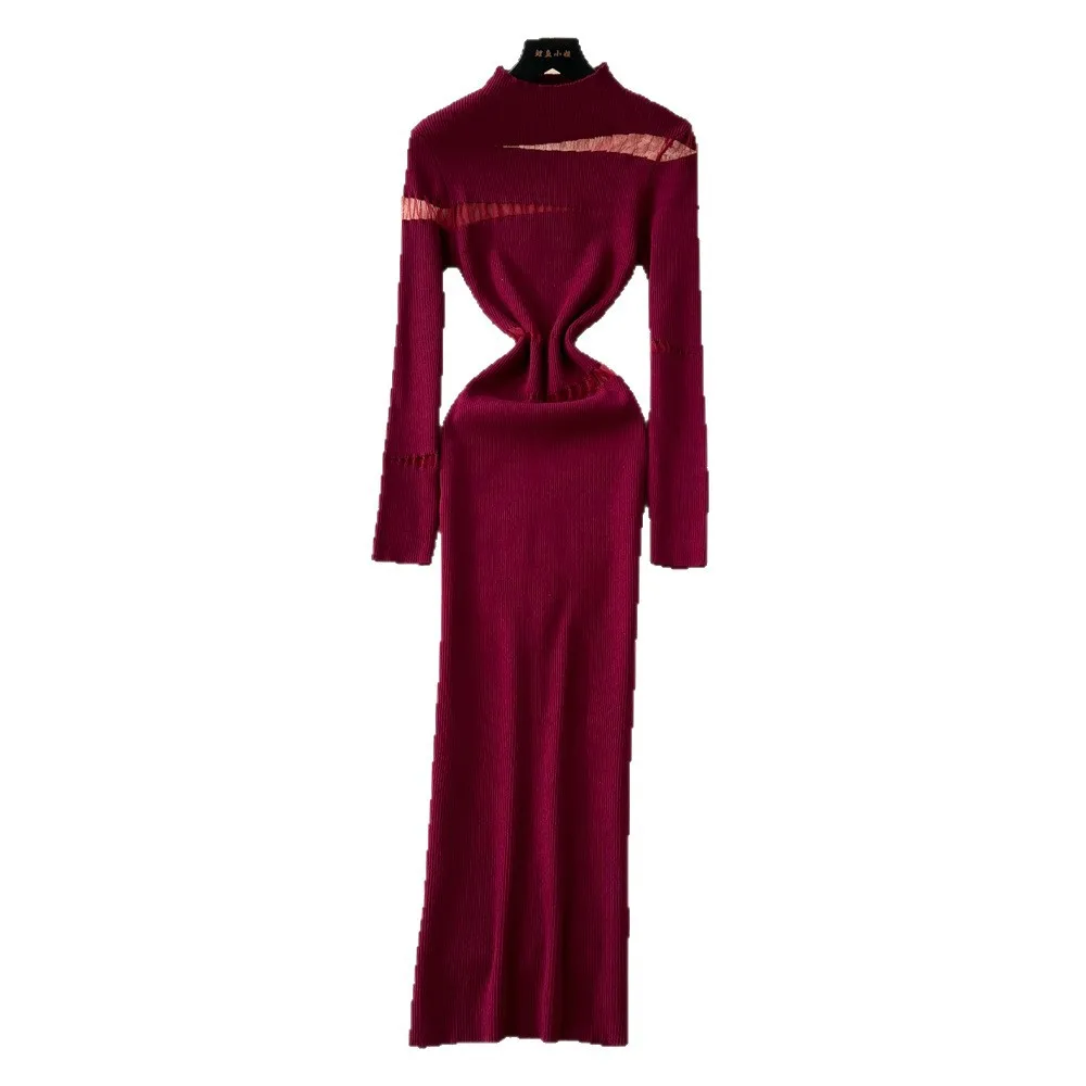 Dames Gebreide Jurken Effen Jurk Asymmetrisch Uitgesneden Coltrui Enkellange Lange Mouwen Empire Taille Slank Casual 2025, Herfst