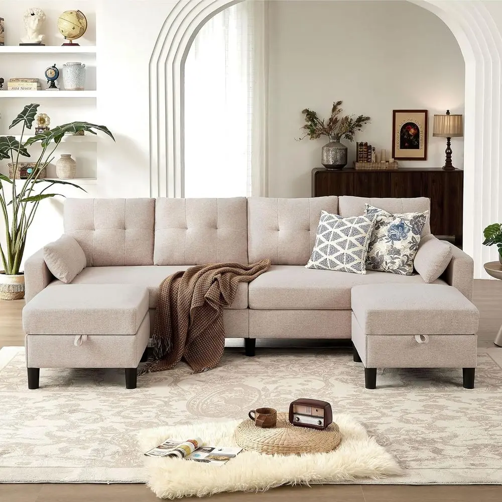 

4-местный секционный диван U-образной формы с оттоманкой для хранения вещей, диван из льняной ткани для гостиной, бежевый