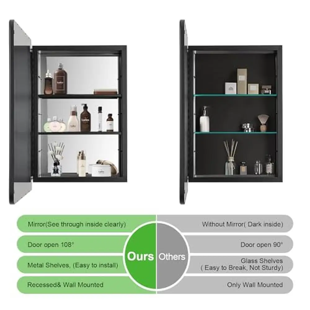 Armoire à pharmacie avec cadre en métal noir, support mural, rangement encastré, construction en aluminium, étagères réglables, biseautées, 16x24