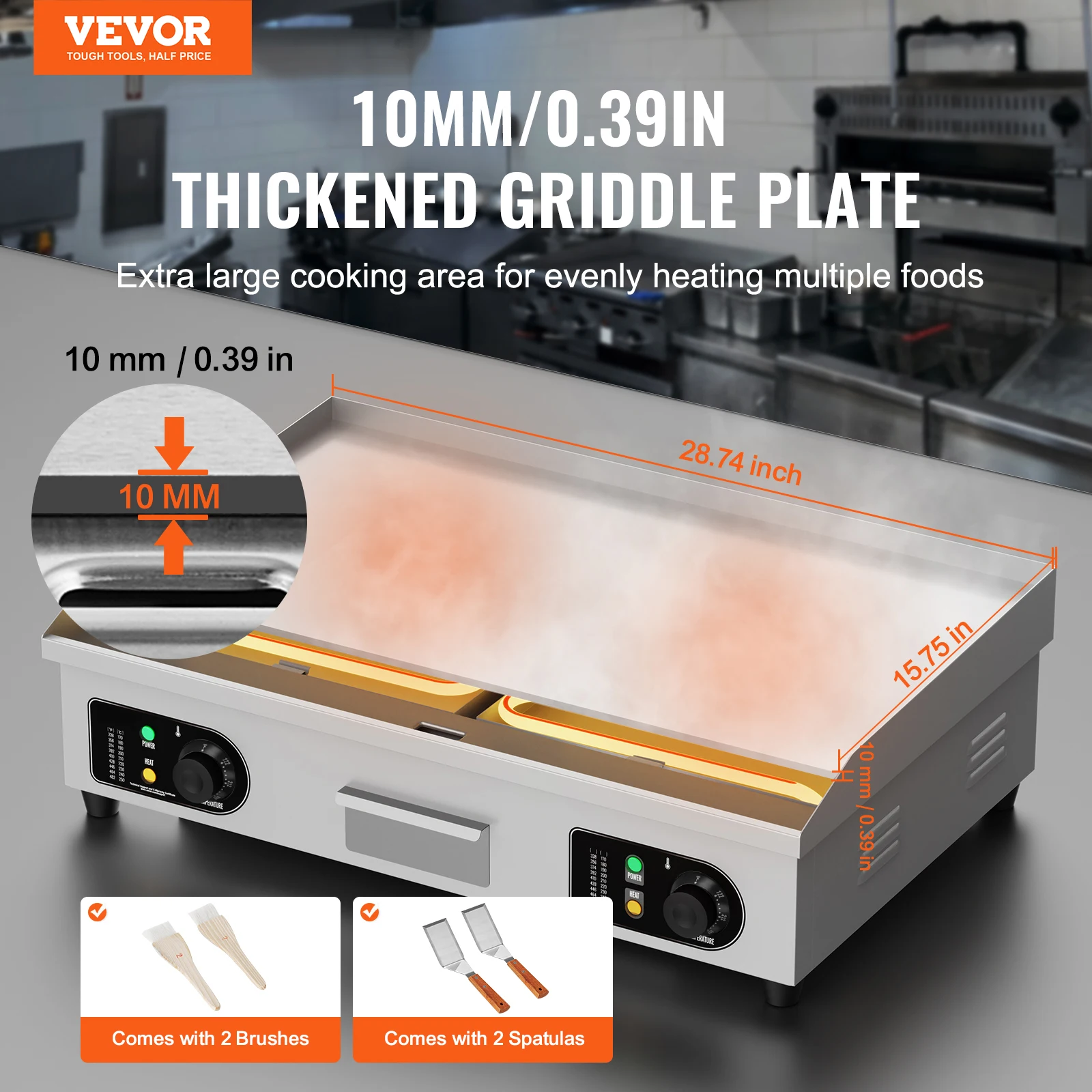 VEVOR 28.8 In Commercial Electric Griddle,4400W Countertop Flat Top Grill,50-300°C Adjustable Temp,Stainless Steel Griddle Grill