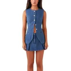 Vintage Women Sleeveless Single-breasted Cardigan Tops Denim Two Piece Sets Short Skirt Female Suits Summer Casual Streetwear 24