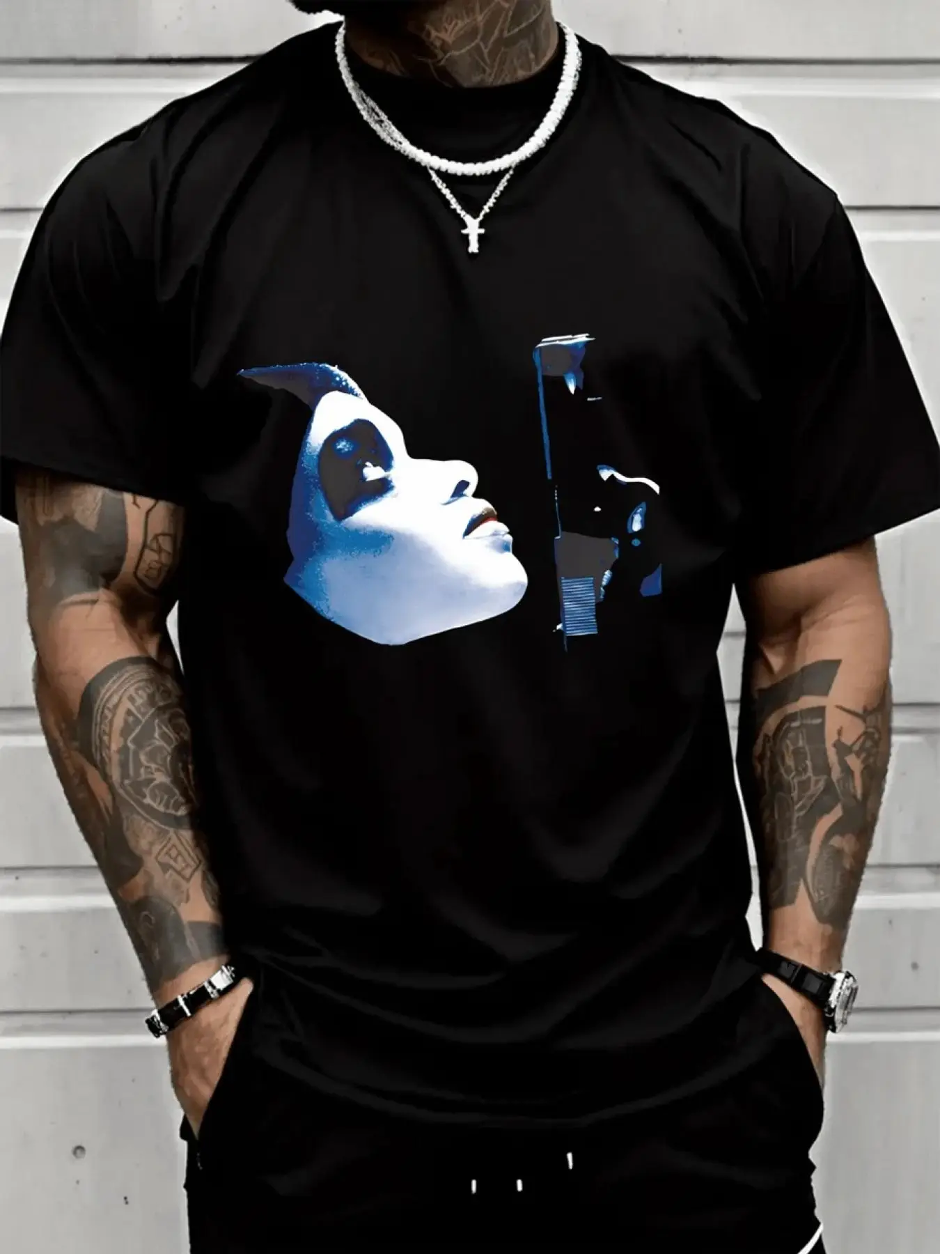 Men's Plus Size Urban Streetwear T-Shirt - Oversized Loose Fit Crew Neck Short Sleeve Tee with Blue & White Face & Microphone Graphic Print, Bold Statement Shirt Suitable for - Casual Wear, Machine Washable for Music Events & Everyday, PLUS SIZE