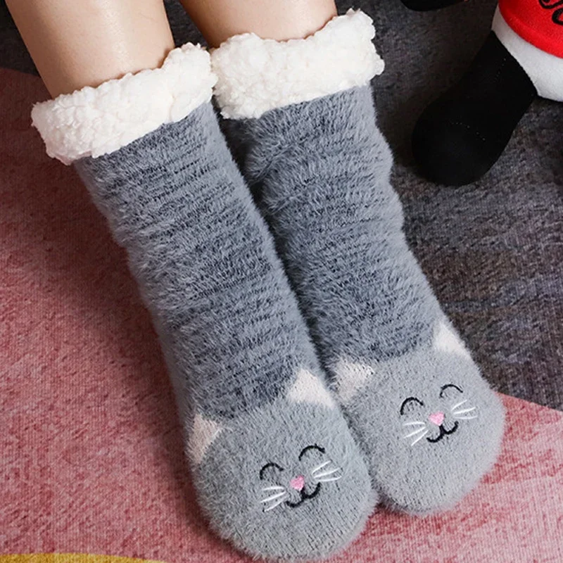 

Womens Fuzzy Sock Cat Soft Female Winter Warm Thermal Plush Non Slip Grip Fluffy Slipper Socks sleeping Thick slouch Cute Kawai