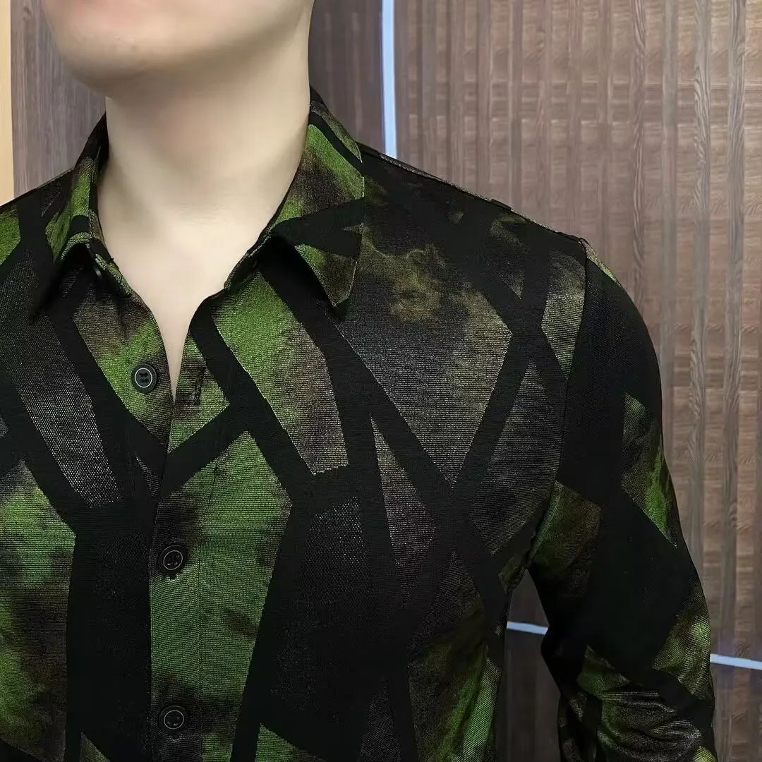 Luxury Printed Elastic Shirt for Men High Quality Casual Long Sleeved Shirt Fashion Versatile Business Social Men's Clothing