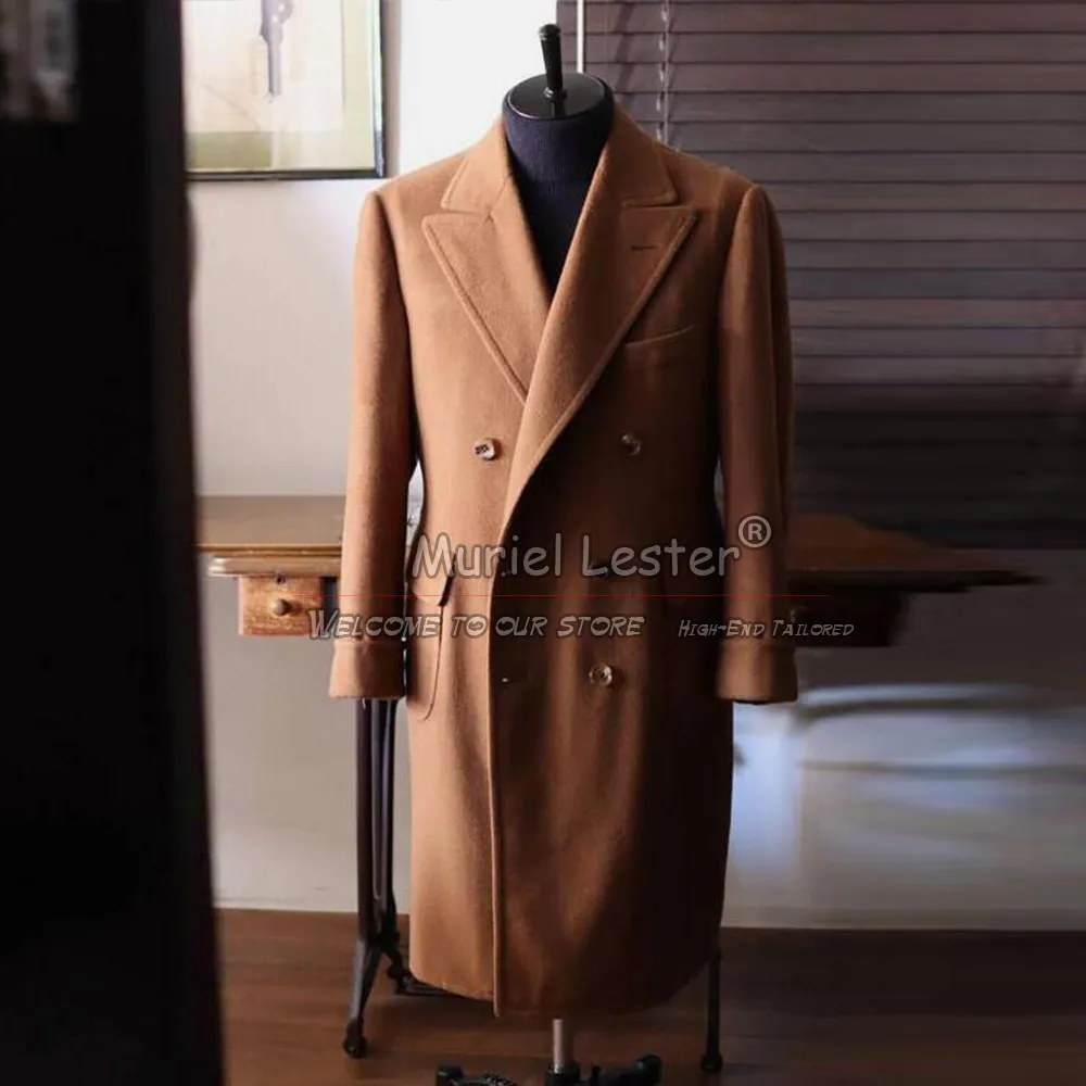 Winter Men's Suit Jacket Brown Woolen Blend Coat Long Double Breasted Peak Lapel Heavy Warm Overcoat Outwear Custom Made 2024