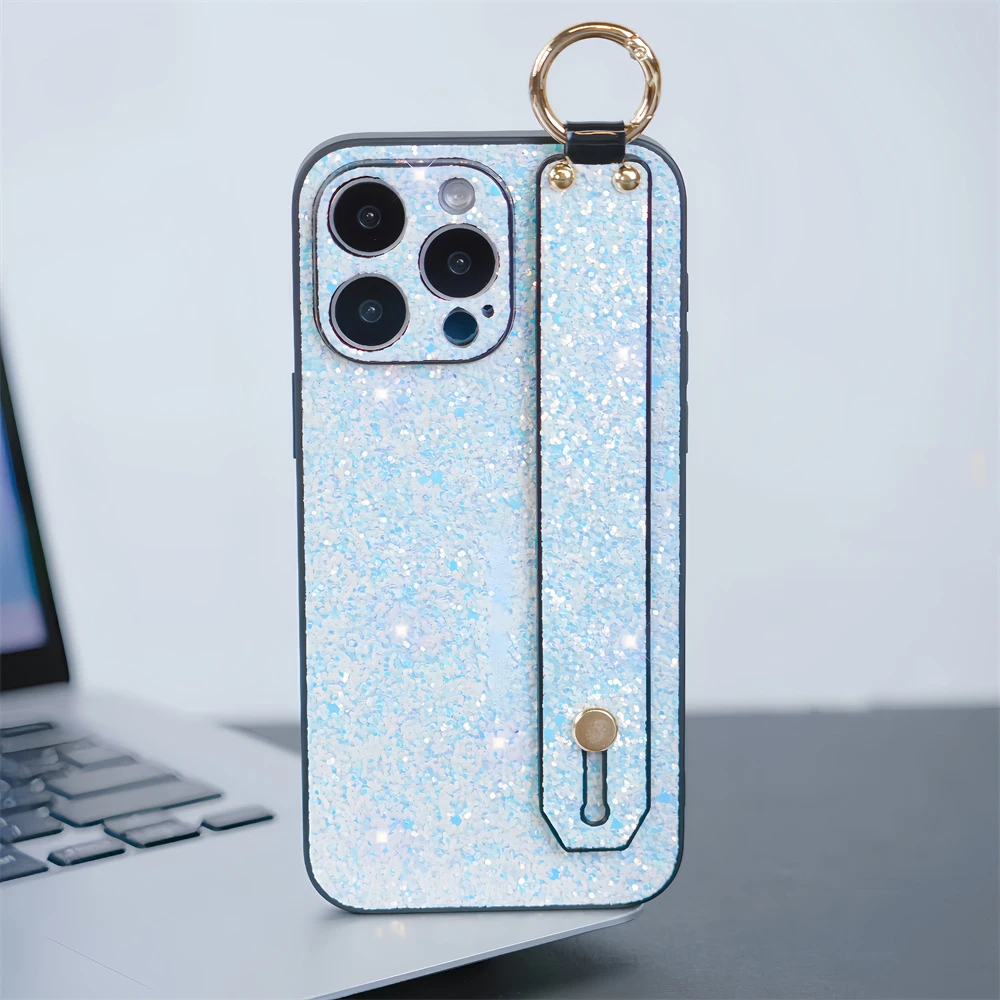 Glitter Diamond Wrist Strap Stand Case for iPhone 15proMax 14 11 12 13 15 Pro Max Plus Lens Protection Bling Silicone Soft Cover