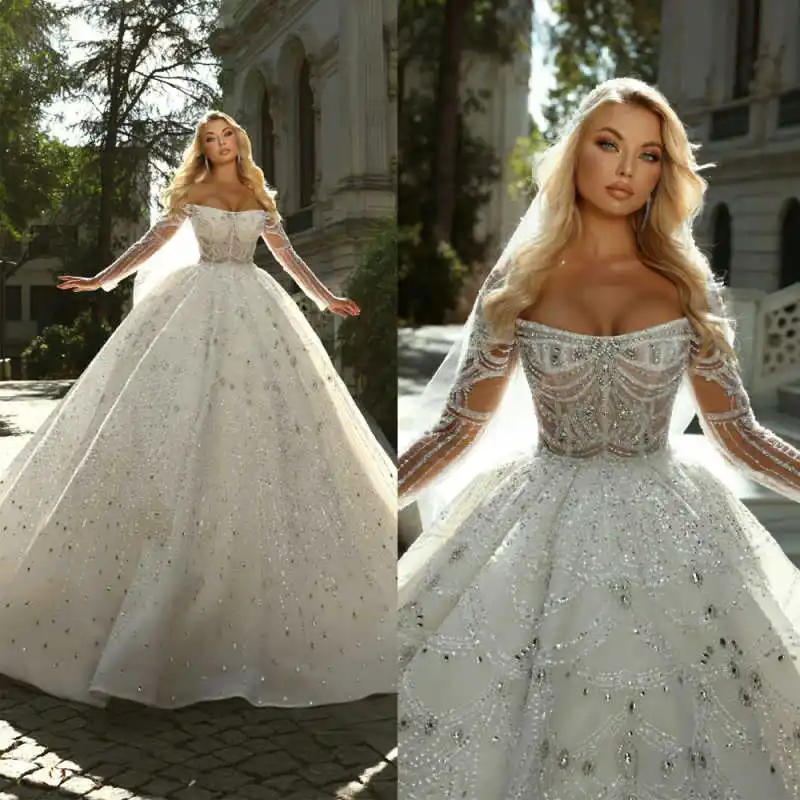 Exquisite Lace Wedding Dress Off Shoulder Long Sleeve Heavy Beaded Ball Gown Bridal Outfit For Church Wedding Customized