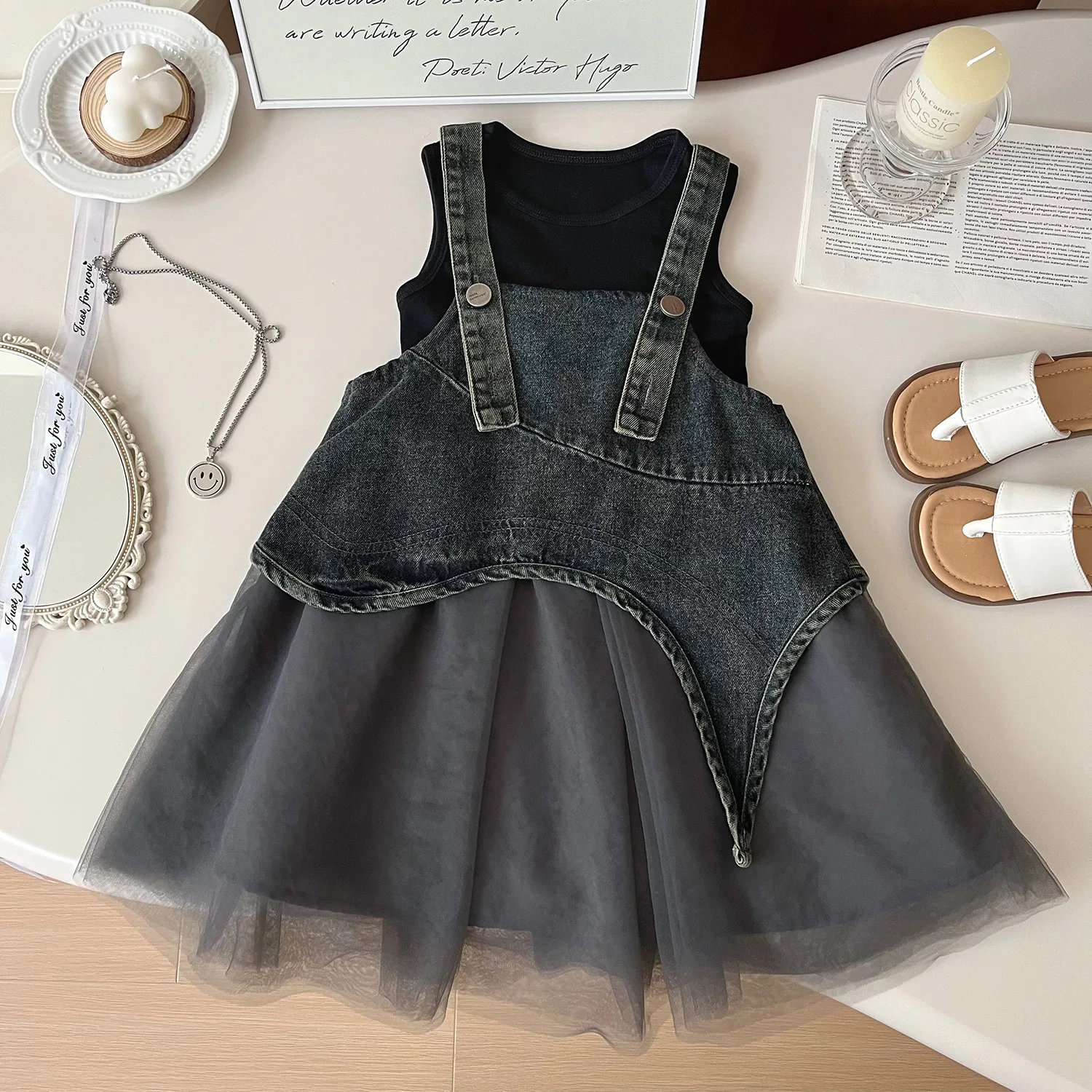 

Girls' Suit 2024 Summer New Korean Version Denim Mesh Dress + Vest Princess Two-piece Set Fashion Casual Dress