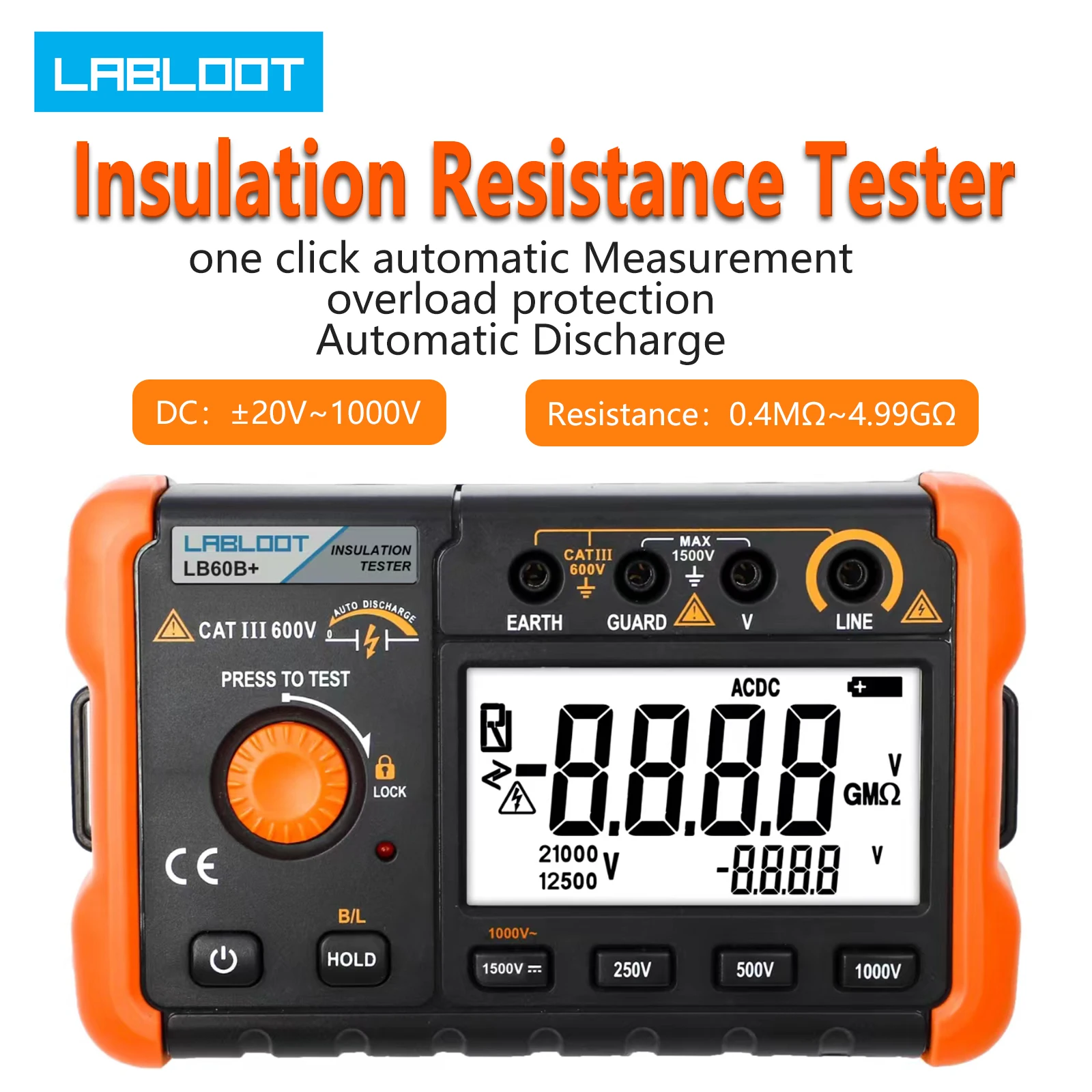 Labloot LB60B+ Digital Insulation Resistance Tester 1000V Test DC AC 2000m Ohm High Voltage Short Circuit Input Alarm