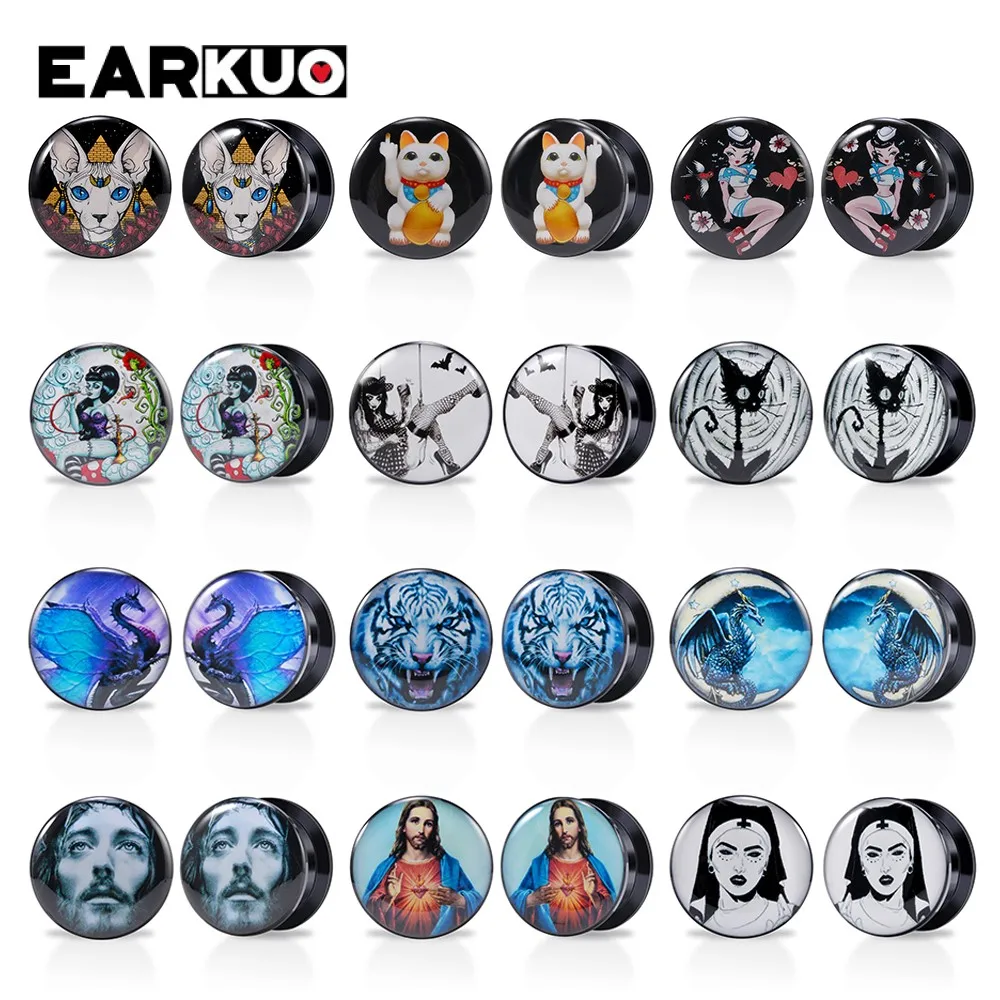 

EARKUO Lovely Acrylic Cat Mouse Girl Tiger Dinosaur Ear Plugs Tunnels Piercing Body Jewelry Gauges Expanders Stretchers 2PCS