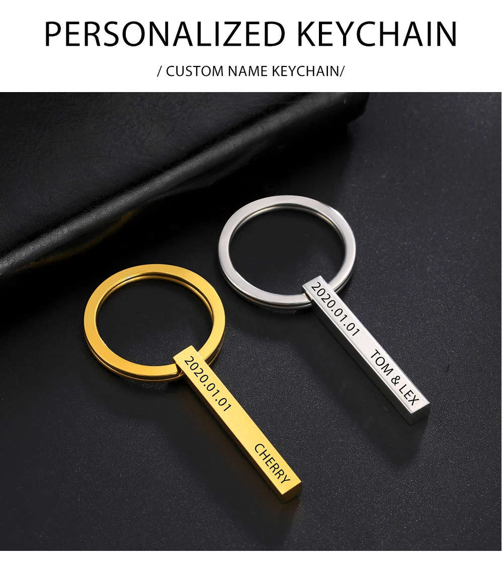 Personalisierter Bar-Schlüsselanhänger für Männer und Frauen, Edelstahl, individueller vierseitiger Schlüsselanhänger, gravierter Namens-Text, Schlüsselanhänger, Geschenk für Freund – Detail 6