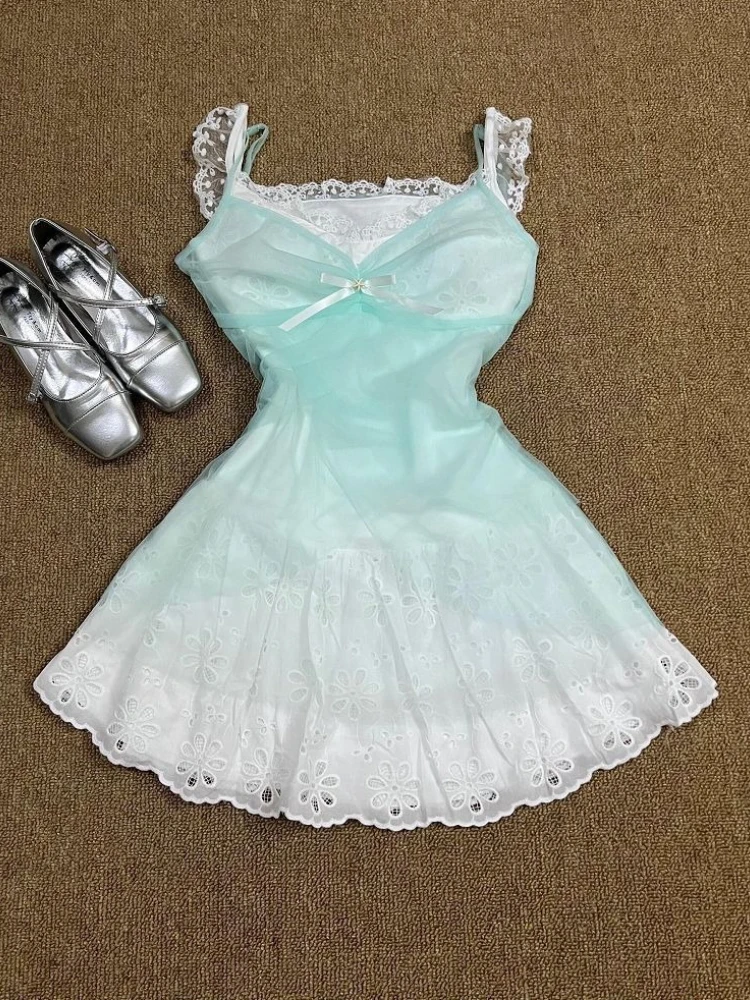 

Корейский комплект Sweet Pure Desire из 2 предметов, женское кружевное платье на бретельках + шикарная синяя блузка, новый сексуальный стиль Y2k, модный тонкий летний костюм 2025