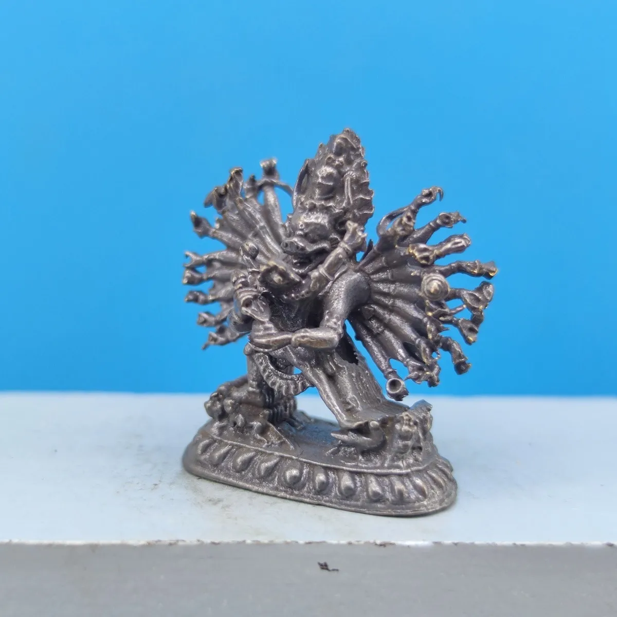 Vintage Metal Yamantaka Vajrabhairava Miniature Statue Tibetan Buddhist Figurine Desktop Sculpture Collectible Craft Decor