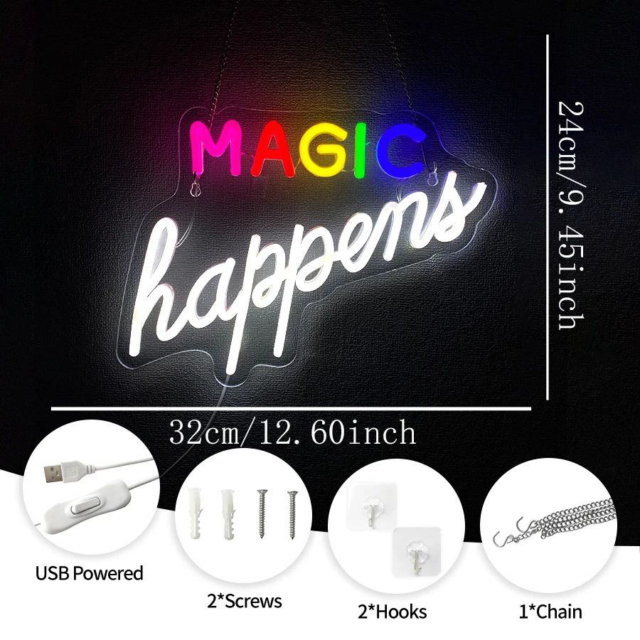 Magic Happens Neon Sign, Multi‑Color USB LED Wall Hanging Light, Inspirational Wall Lamp for Bedroom, Dorm Party Wall Decoration
