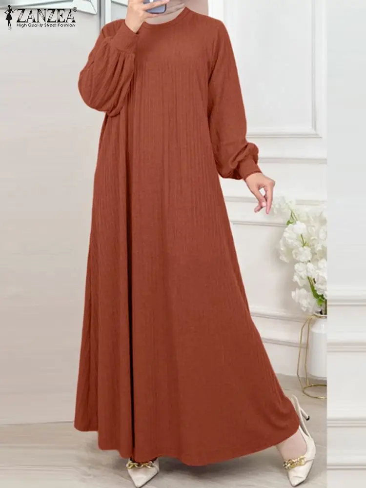 ZANZEA Casual Loose Autumn 2024 Abaya Robes Islamic Hijab Long Sleeve Muslim Fashion Solid Maxi Dresses Ribbed Women Vestidos