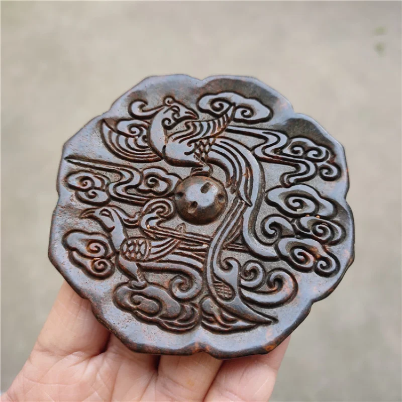 

Antique Iron Stone Natural Aged Crafts High Ancient Jade Double Phoenix Auspicious Beast Jade Plaque Mirror