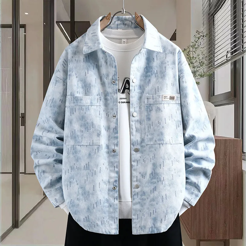 

Мужская повседневная свободная джинсовая куртка-рубашка, модная, стильная, с длинными рукавами, из смесового хлопка и полиэстера, для весны и осени