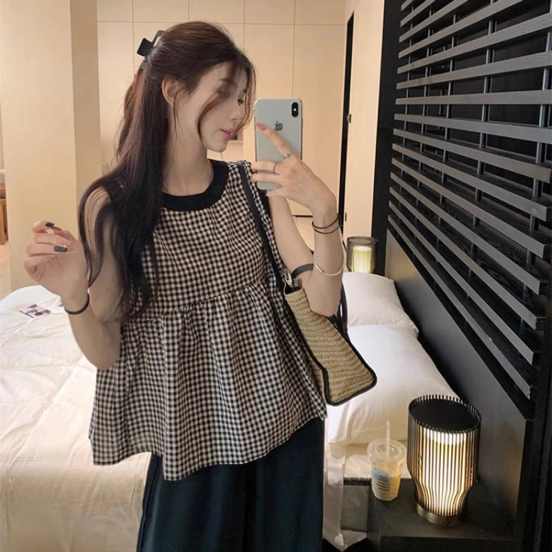Sleeveless Plaid Loose Korean Blouse Summer New Sweet O-neck All-match Contrast Trend Shirt Tops Fashion Vintage Women Clothing