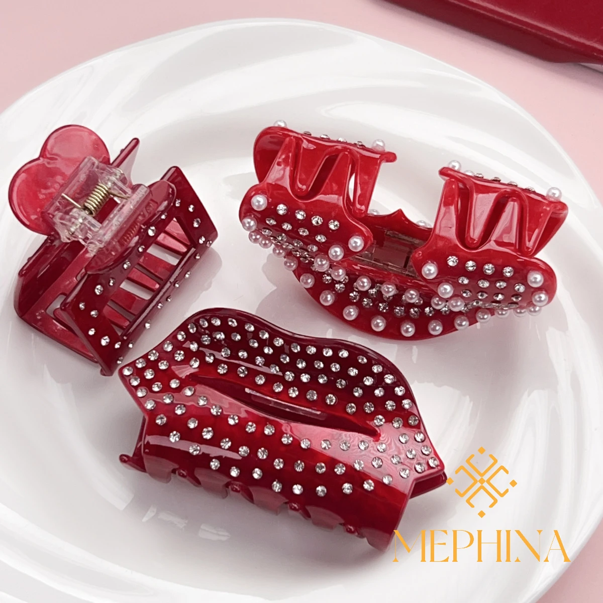 MEPHINA Fermagli per capelli per San Valentino Artigli per capelli per labbra Fermagli per capelli a forma di cuore Artigli per capelli con borchie di diamanti di classe Accessori per le donne