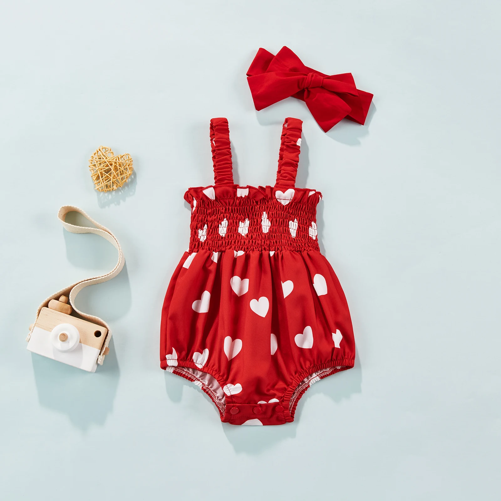 Baby Girls Romper Outfit Summer Toddlers Sweet Style Heart Printing Sleeveless Suspender Bodysuits  Jumpsuit Bow Headwear Set