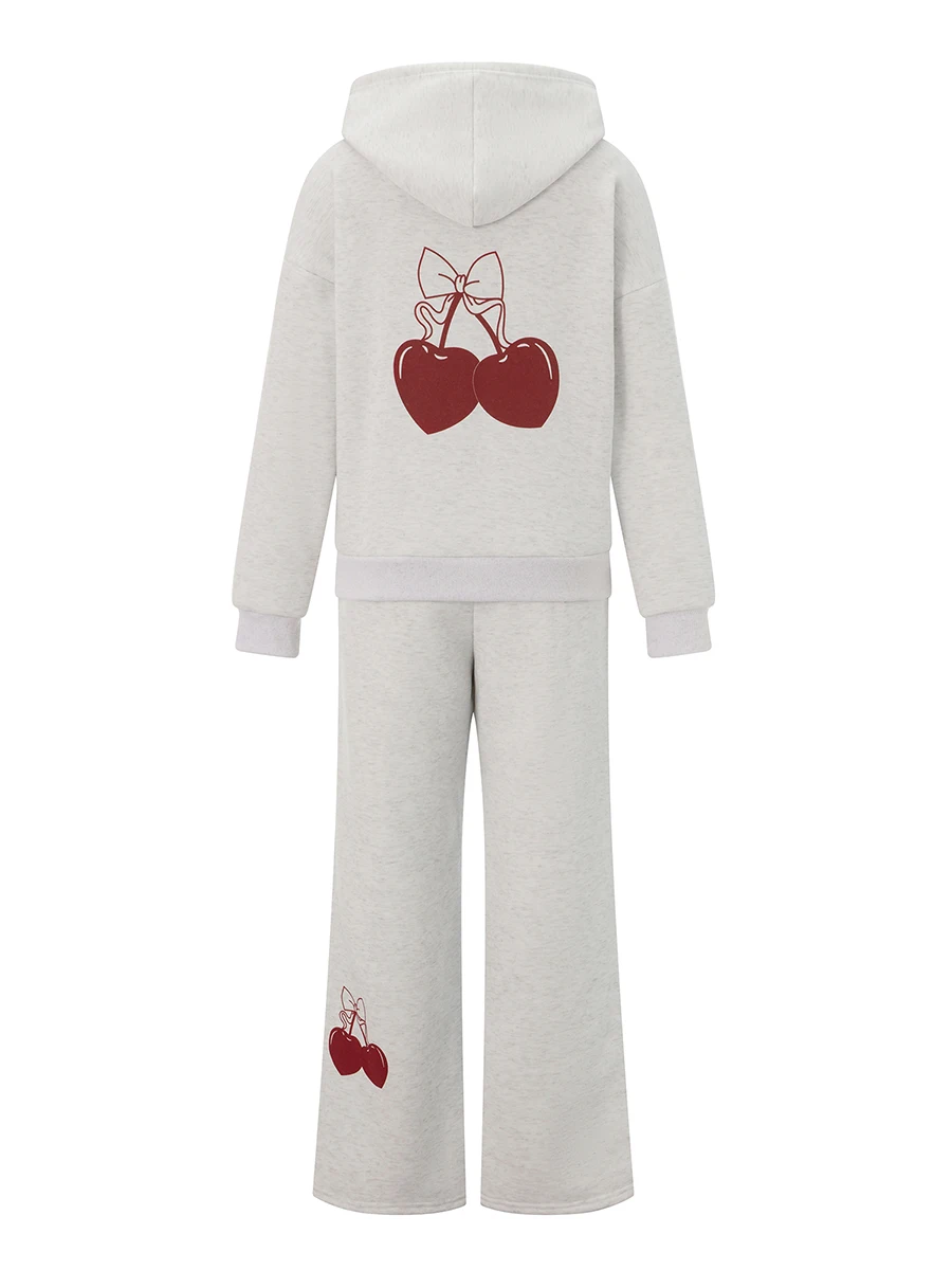 المرأة Casuan مجموعة الكرز رسالة طويلة الأكمام مقنعين البلوز الرباط Sweatpants 2 قطعة الزي عارضة