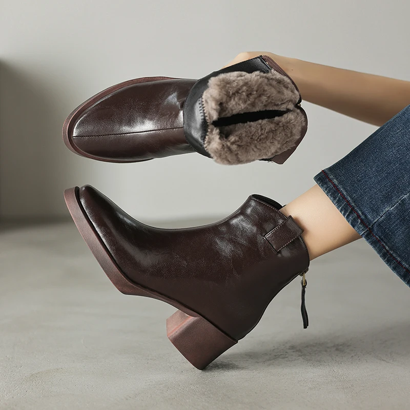 

2026 New Autumn Winter Wool Women Shoes Thick Heel Ankle Boots Fashion Genuine Leather Mordern Short Boots Female Office Shoes
