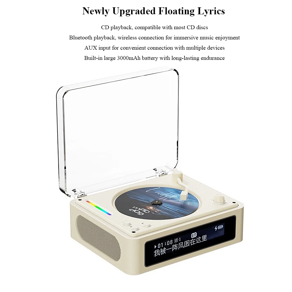 A11R Retro CD Player Lossless Portable CD Music Player High Definition Display Bluetooth 5.2 Built-in Speaker RGB Light Effects