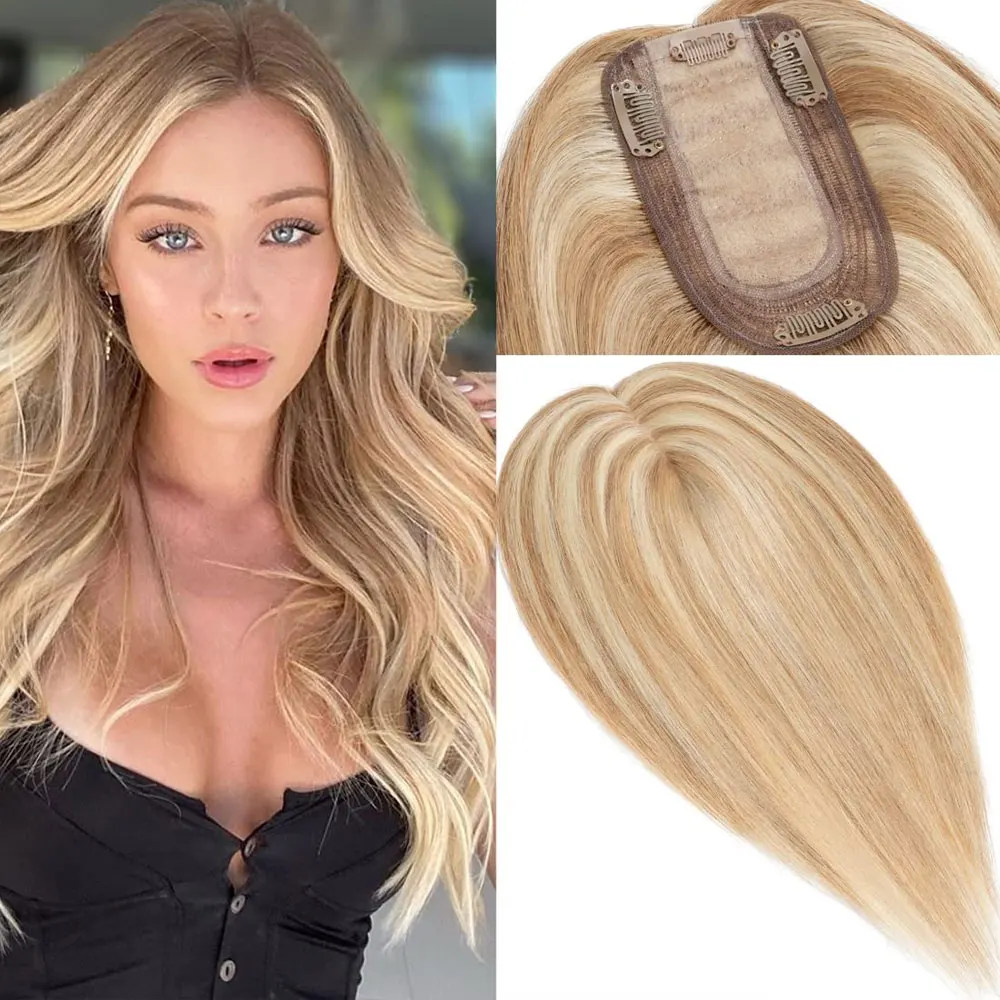 Hair Toppers For Women Real Human Hair Pieces Silk Base Toppers Clip in Hair Extensions 12Inch Middle Parting For Slight Hair