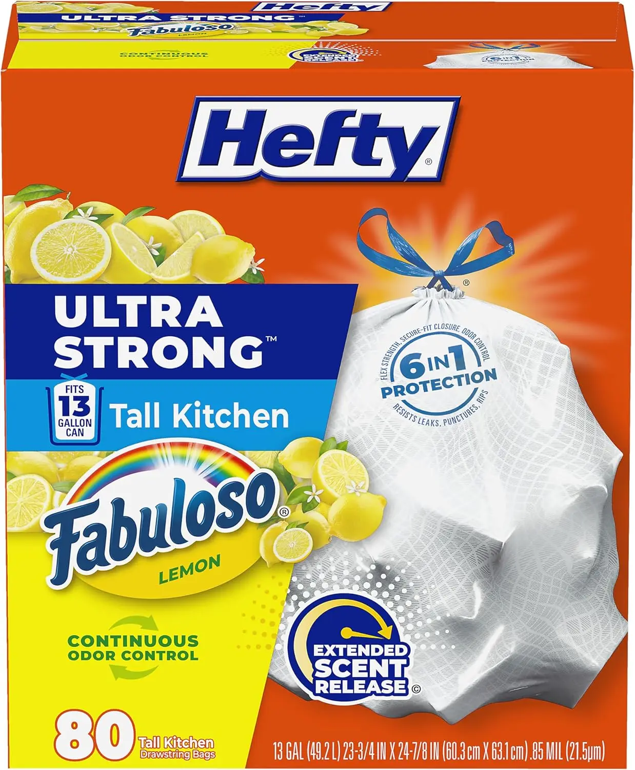 

Мешки для мусора для кухни, 13 галлонов, 80 штук, устойчивые к протечкам и проколам, с ароматом лимона для контроля запаха