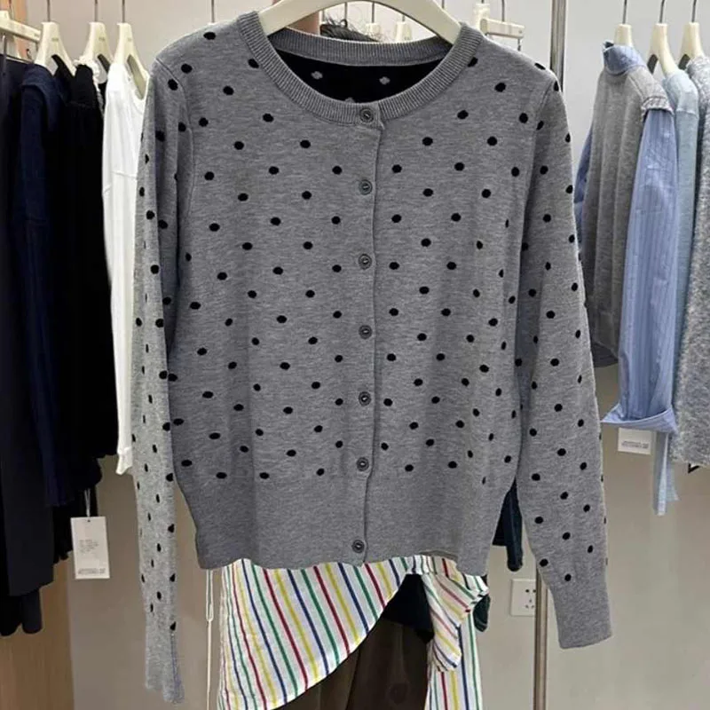

Вязаный свитер, женские кардиганы, новый вязаный свитер с длинным рукавом и круглым вырезом в черный горошек, кардиган, женские топы, свитера Sueters De Mujer Q953
