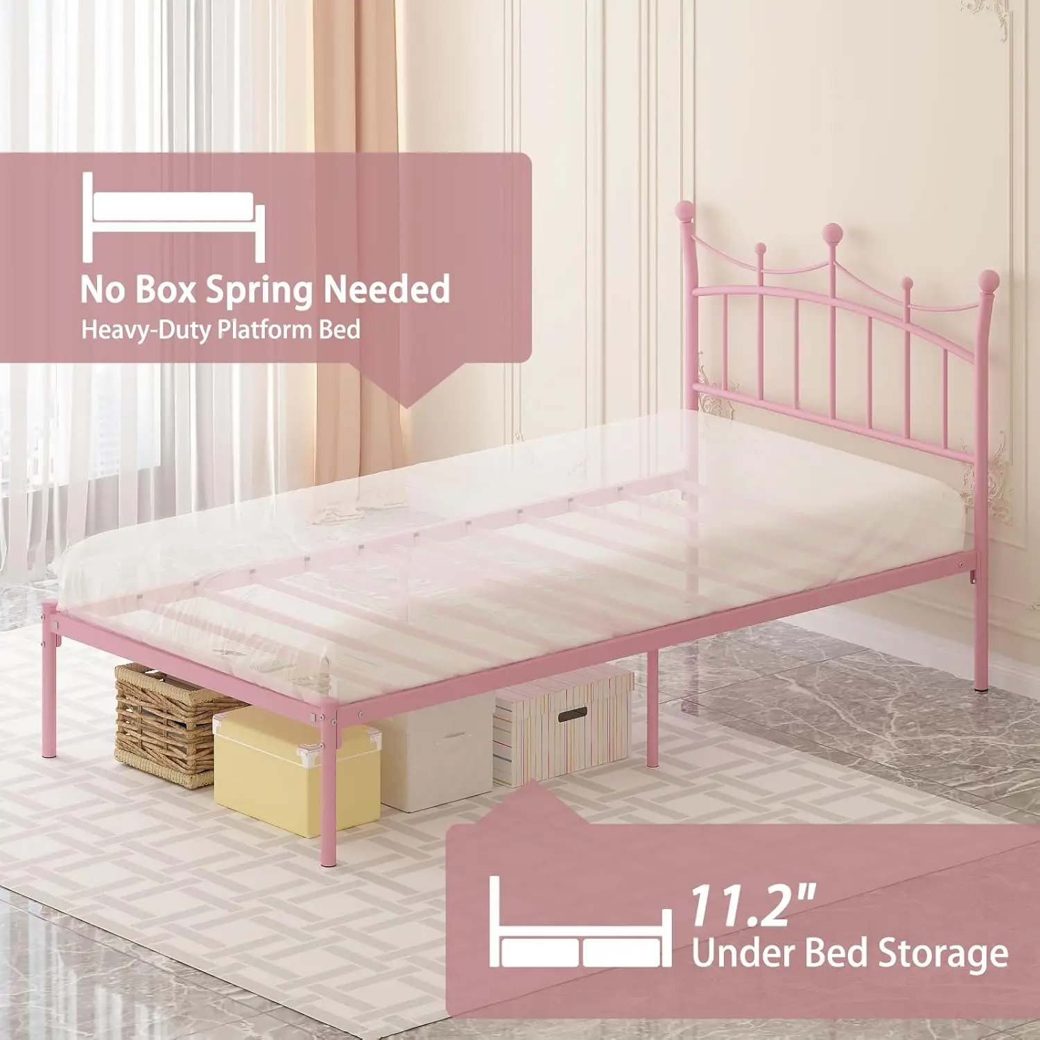 Princess Twin Bed Frame with Crown Headboard, Heavy Duty Metal Platform, Easy Assembly, Light Pink
