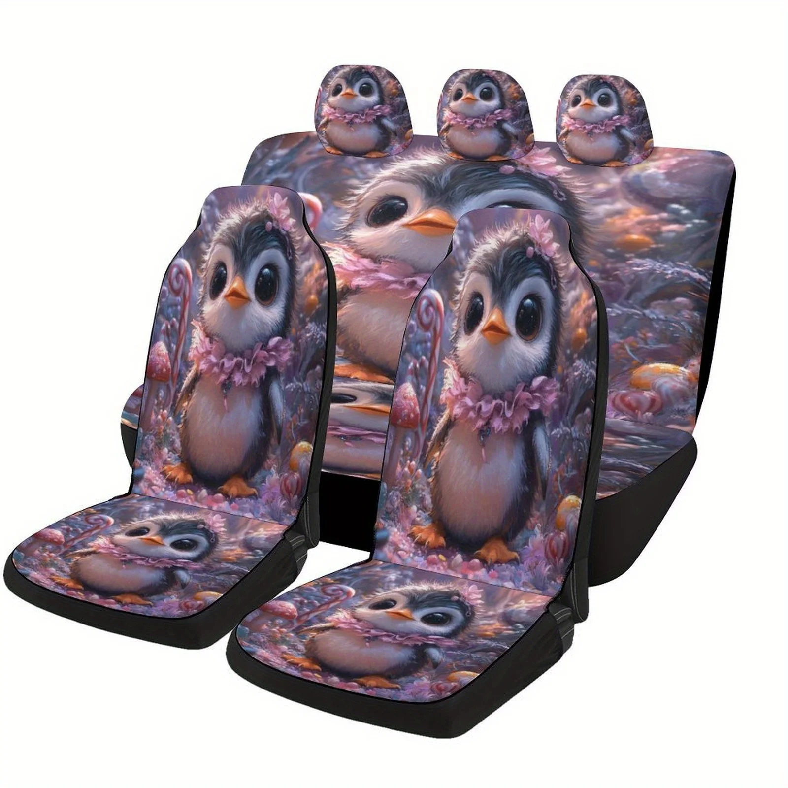Car Seat Cover Set Featuring A Whimsical Penguin Fantasy Forest Design, Suitable For A Variety Of Vehicles. This Stylish And Uni