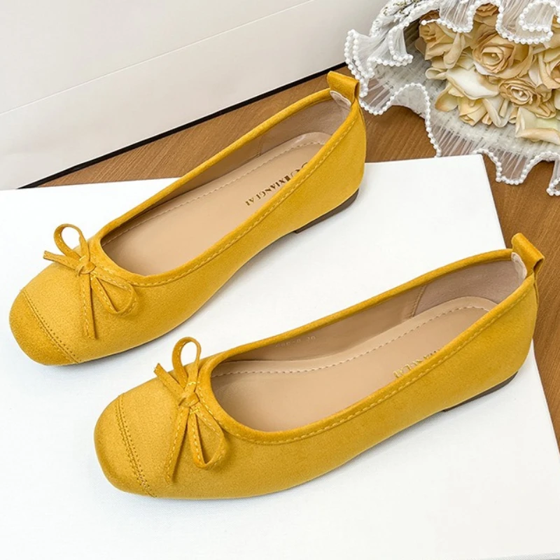 Elevated Single Shoes Women's Ballet Flat  Knot Slip-On Fashionable Velvet Bean Shoes Korean Style round Toe mid Heel