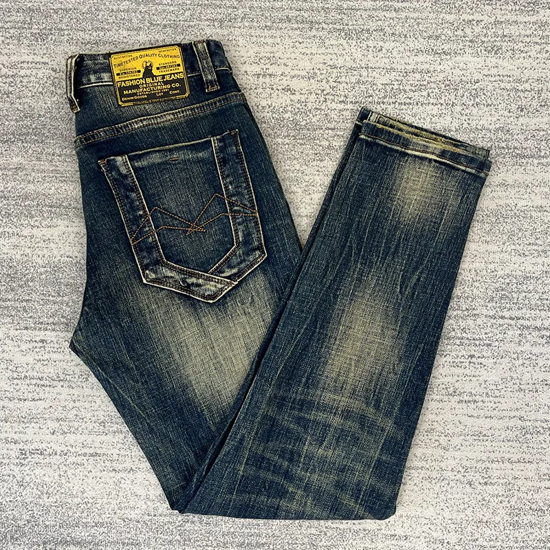 

High Quality European Vintage Blue Ripped and Distressed Denim Jeans for Men Autumn/winter Trendy Slim-fit Casual Stretch Pants