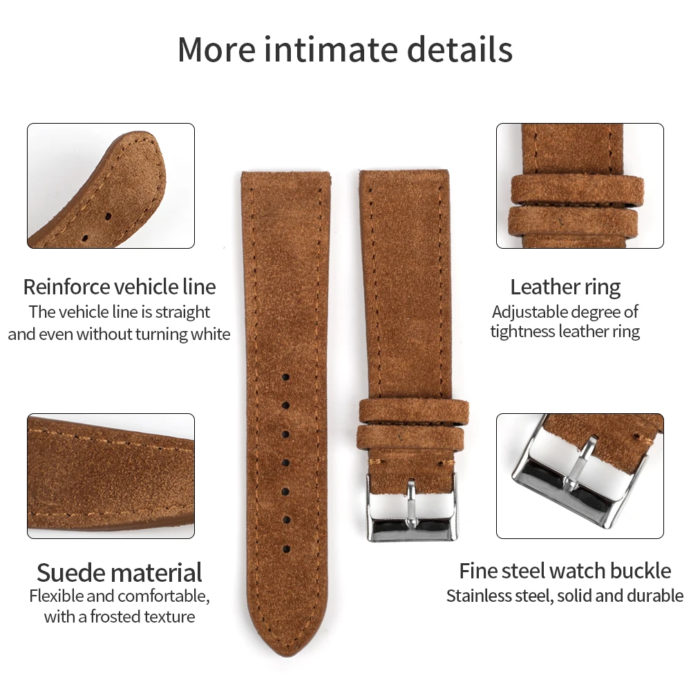 Suede Watch Strap 18mm 20mm 22mm High Quality Genuine Leather Watchband Men Women Handmade Stitching Replacement Wristband