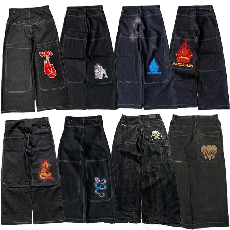 

Y2K JNCO high quality Embroidered Hip Hop baggy jeans Tribal Jeans Gothic Streetwear Harajuku Black Pants Waist Wide Leg Trouser