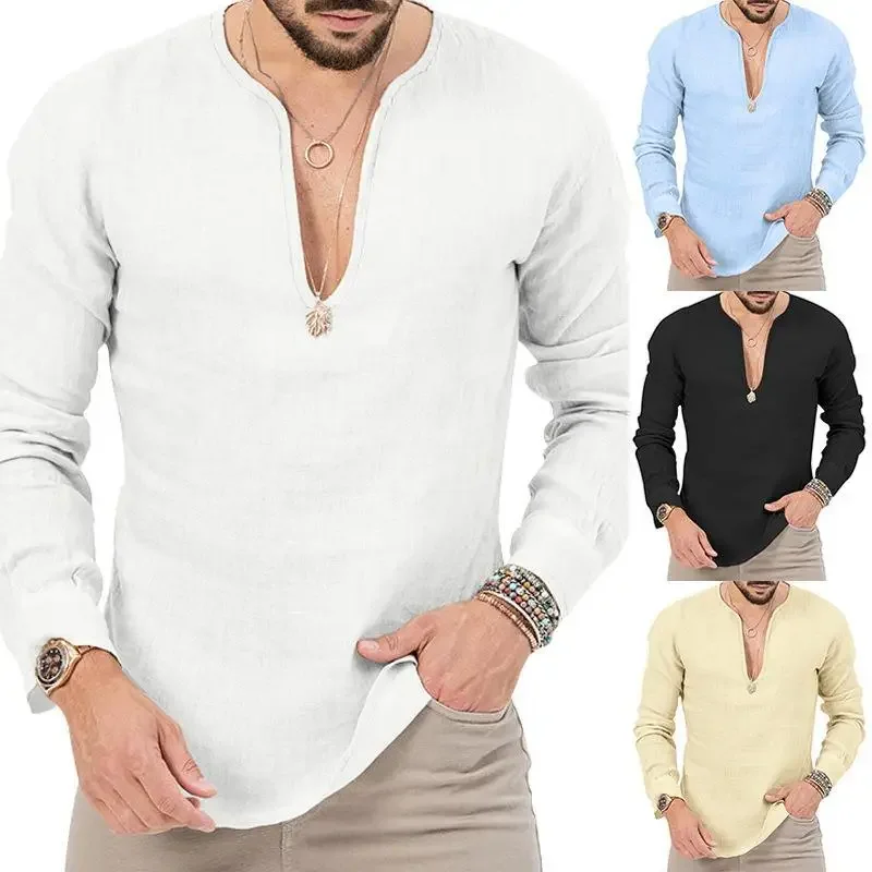 

Simple Men's Pullover Solid Color Deep V-Neck Shirt Spring And Summer New Casual Men's Long Sleeved T-Shirt Beach Shirt Clothes