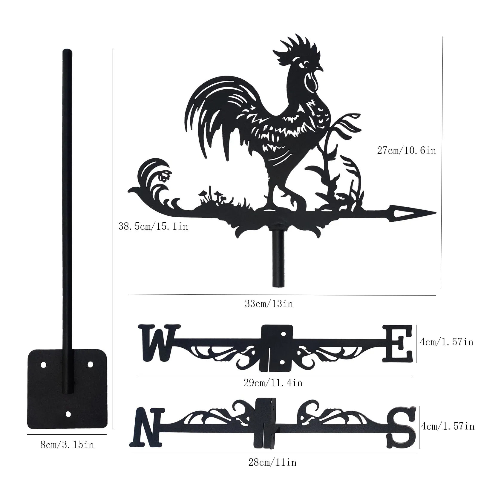 Rooster Cock Weathervane Silhouette Art Black Metal Chicke Wind Vanes Outdoors Decorations Garden for Roof Yard Building