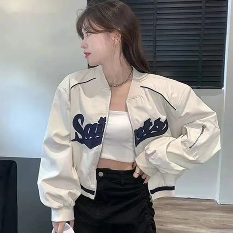 

Женская короткая бейсбольная куртка Y2K, розовая, белая, очень большая, в винтажном готическом стиле, уличная одежда, корейская мода, куртка на молнии