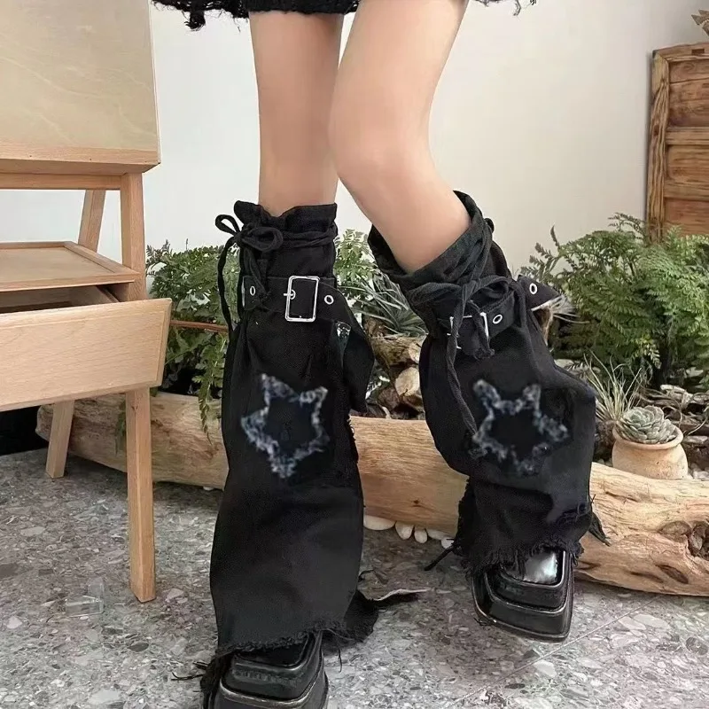 Y2K Japanese JK Lolita Denim Leg Warmers with Drawstring & Pentagram Design Star Print Trumpet Leg Covers Footcover for Cosplay
