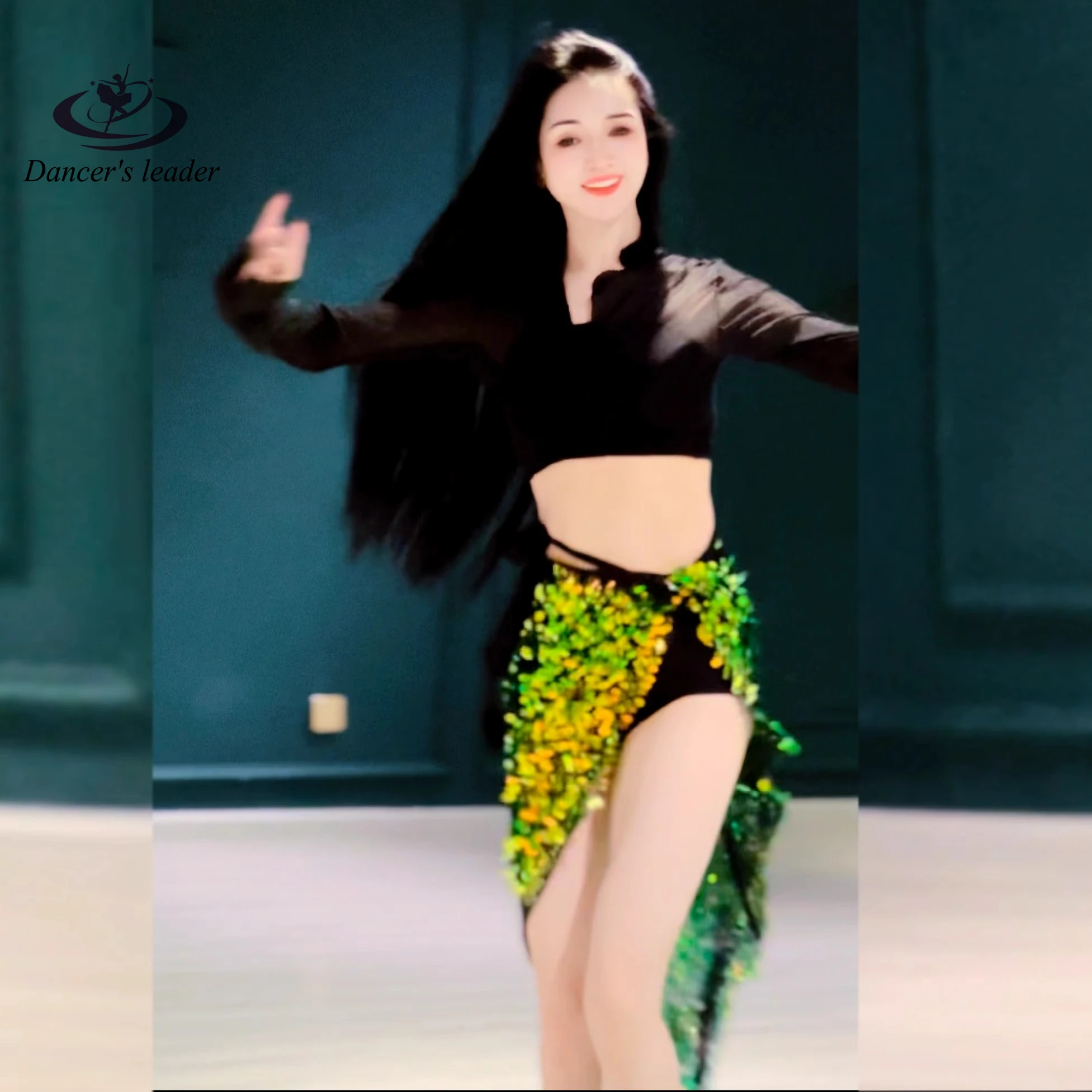 

Belly Dance Performance Costume Original Black Silk Long Sleeved Luminous Sequin Skirt Design Training Suit Slim Fit Set