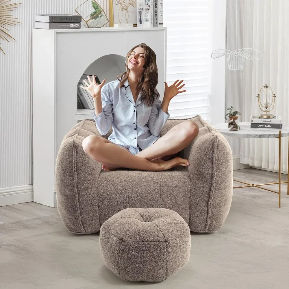 Chenille Lazy Bean Bag Chair with Ottoman & Armrest, Comfy Lazy Sofa for Adults, High-Density Foam Filled, Accent Beanbag