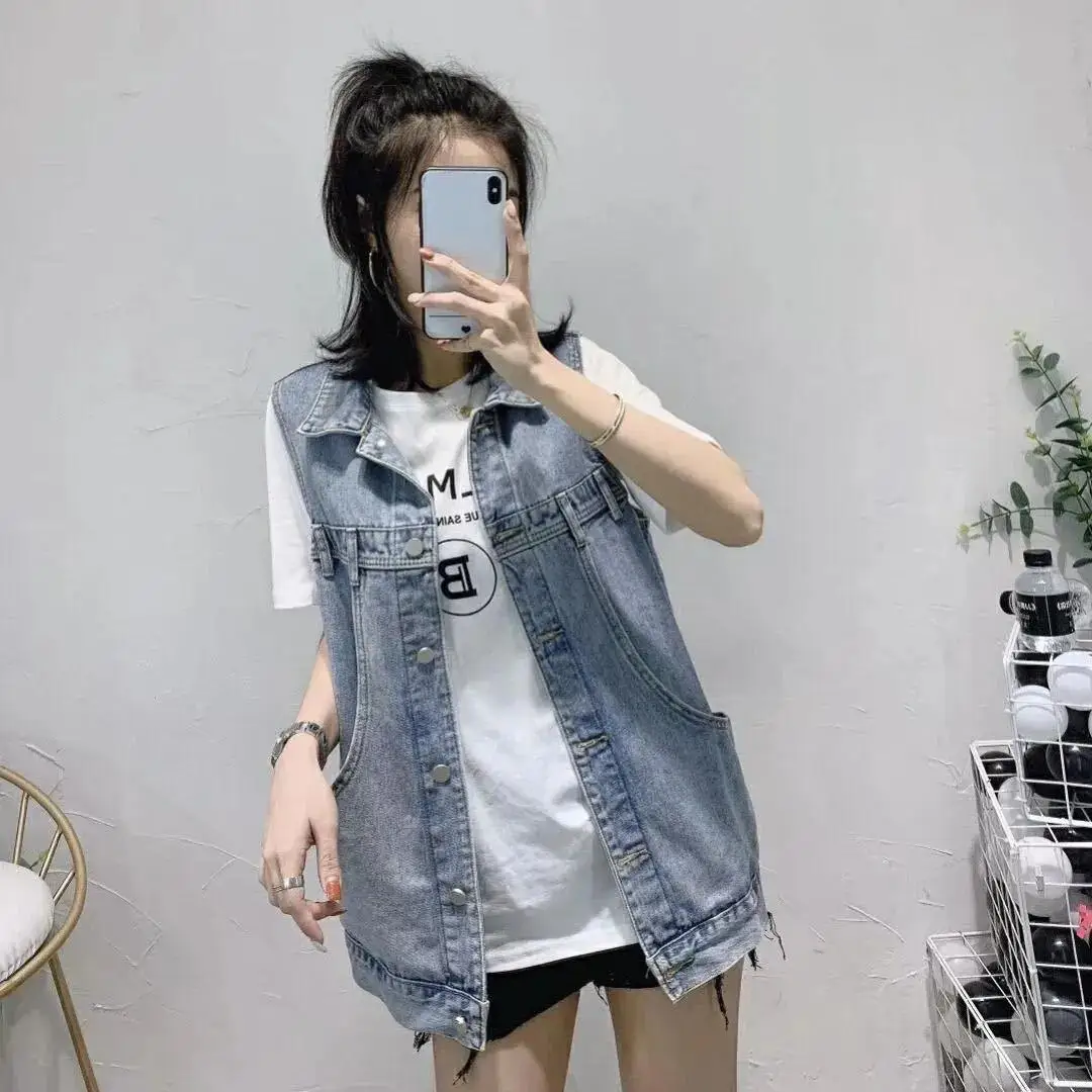 Faionable Mid-Length Denim Vest Women's Outerwear Svel Mom Sle Trendy  Collar Single Button Closure Cotton 