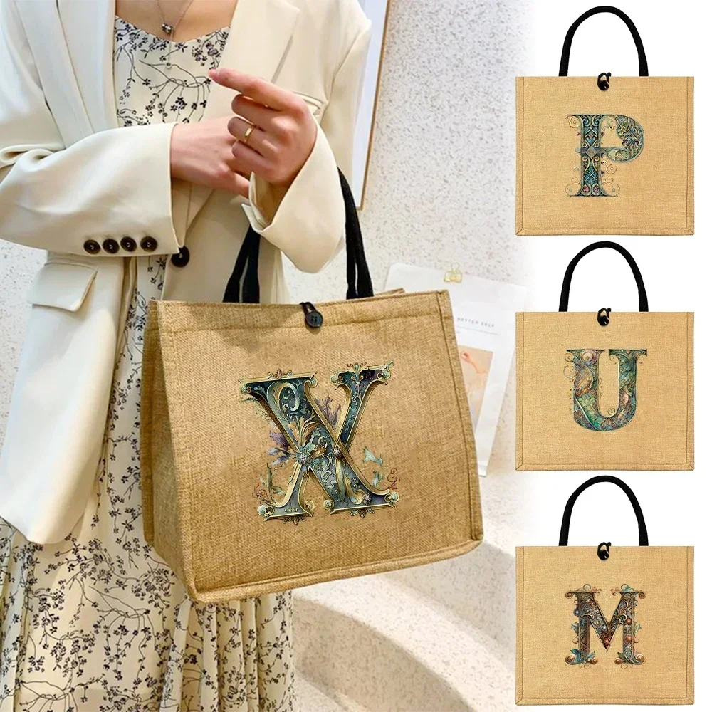 

Flax Bag Fastener Handbag Organizer Storage Jute Tote Bags Imitation Cotton Women Valise Portable Graphic Letter Printing Series