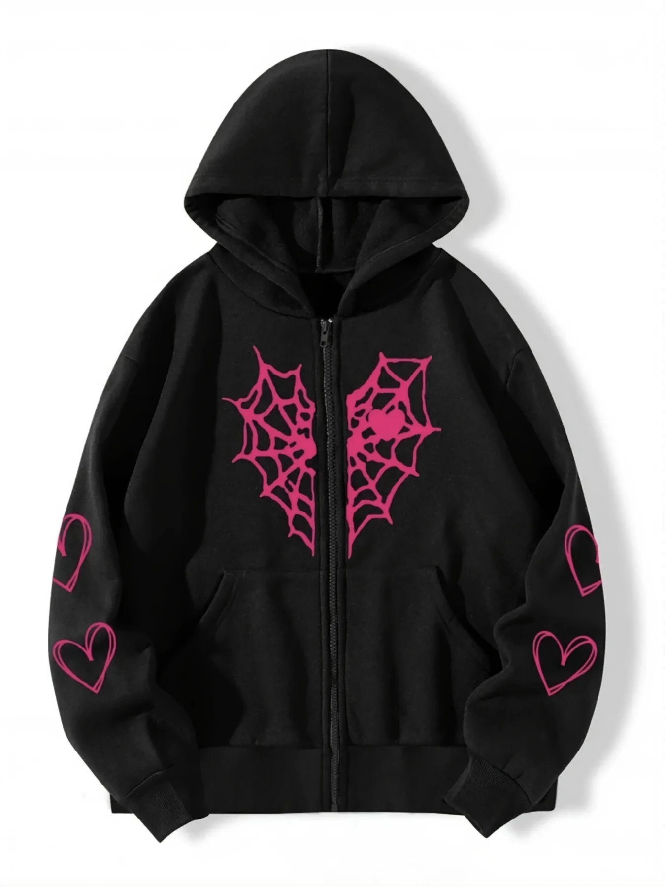 أزياء دافئة هوديي الخريف الشتاء نمط جديد سستة طويلة الأكمام جيب العنكبوت ويب الحب طباعة معطف للنساء عارضة البلوز