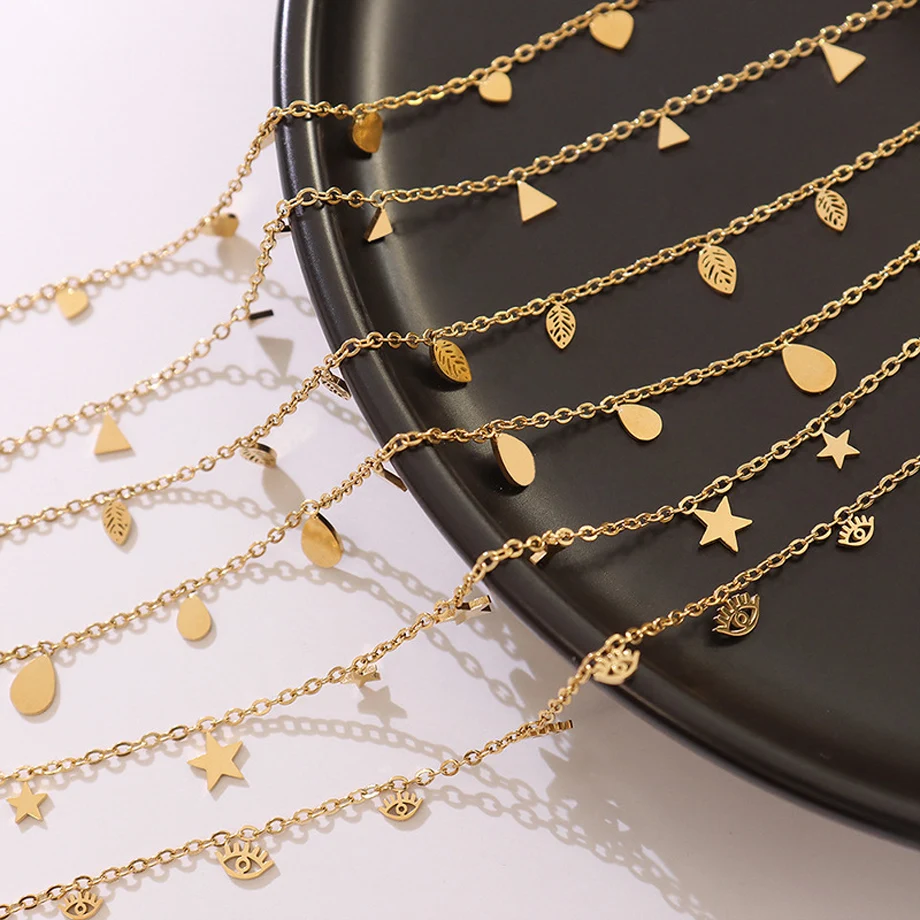 CSJA Stainless Steel Choker Gold Color Chain Necklace Heart Moon Star Charm Link Necklaces for Women Jewelry S762